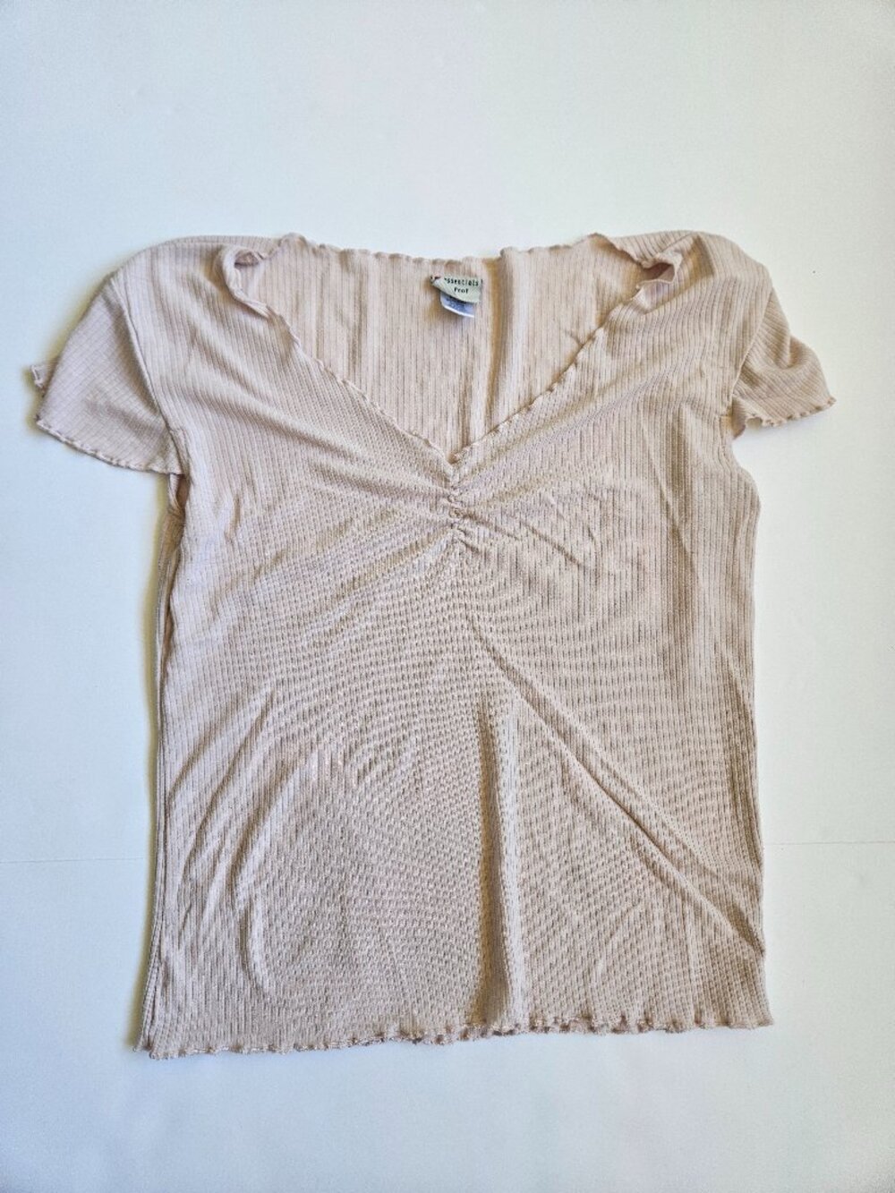 Solid Light Pink Ribbed V-neck Ruched Short Sleeve Knit Tshirt Top Women's Small